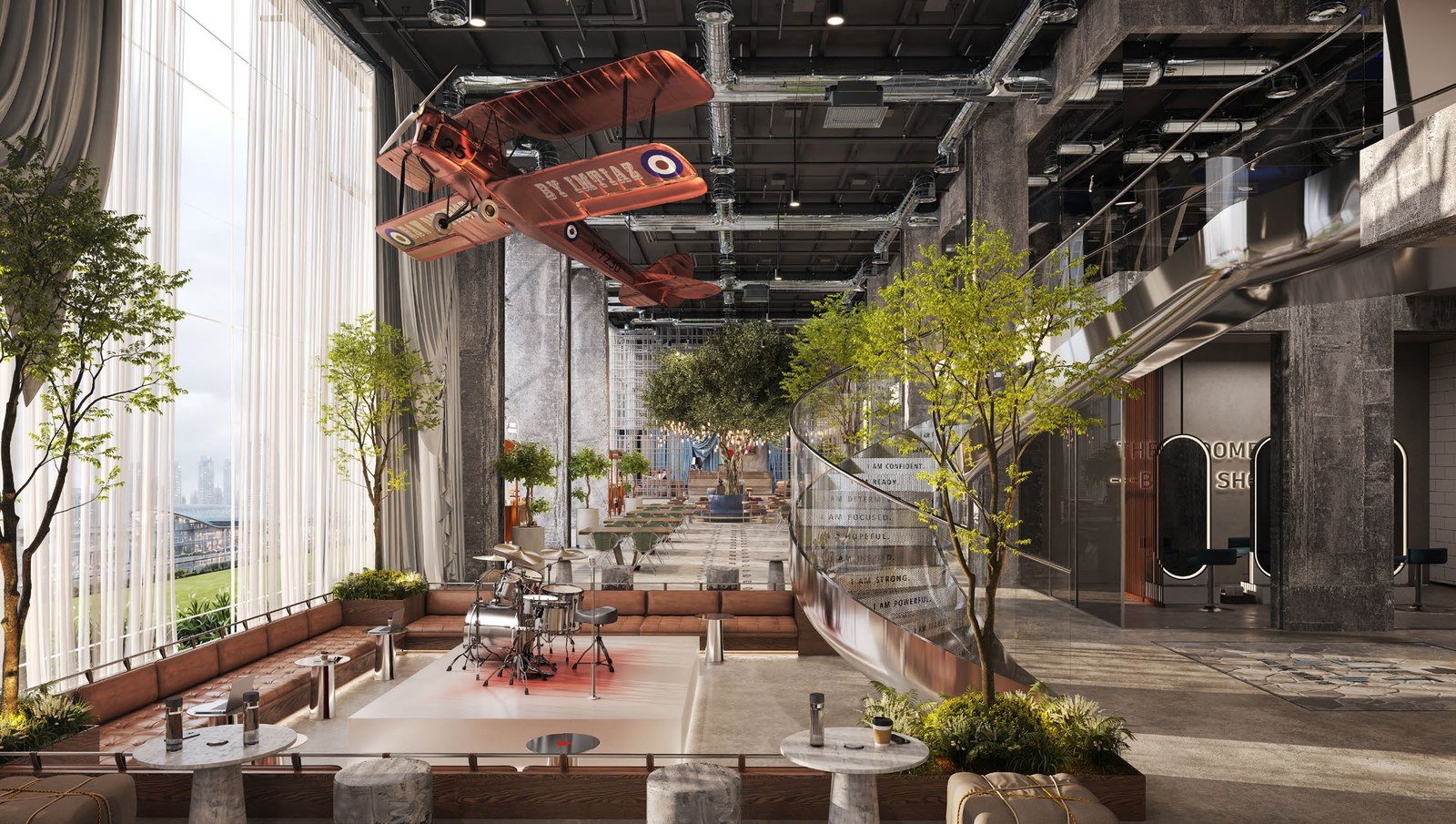 RAW District lobby with iconic biplane installation